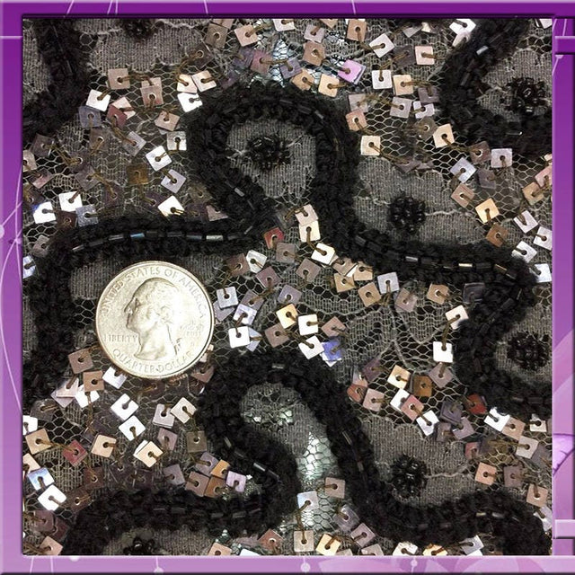 Beaded French Lace Fabric Silver Grey Black