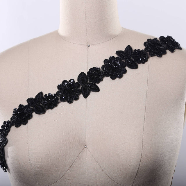 Beaded Lace Trim Black 1.75" 3D Flower Leaf