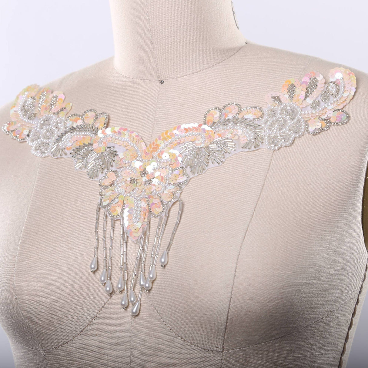 Sequin V-Shaped Applique with Beaded Fringe