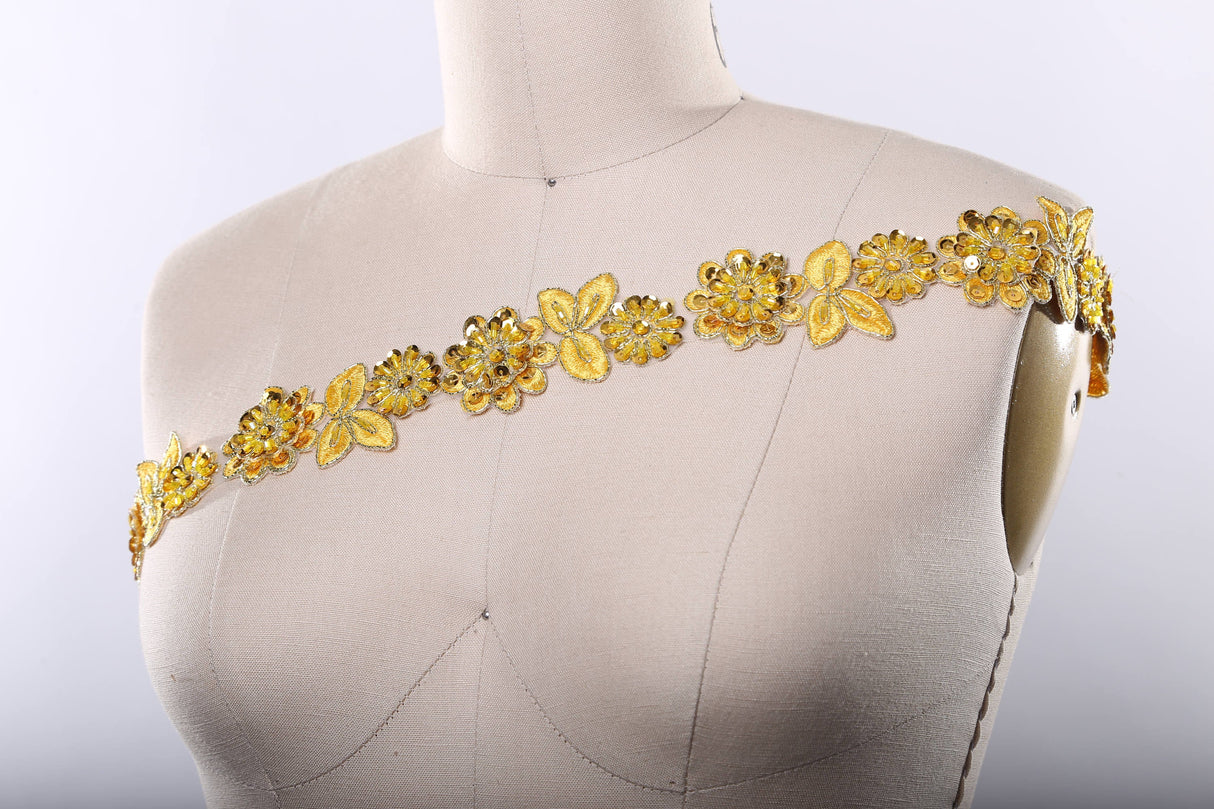 Beaded Lace Trim Yellow Floral 1.75in