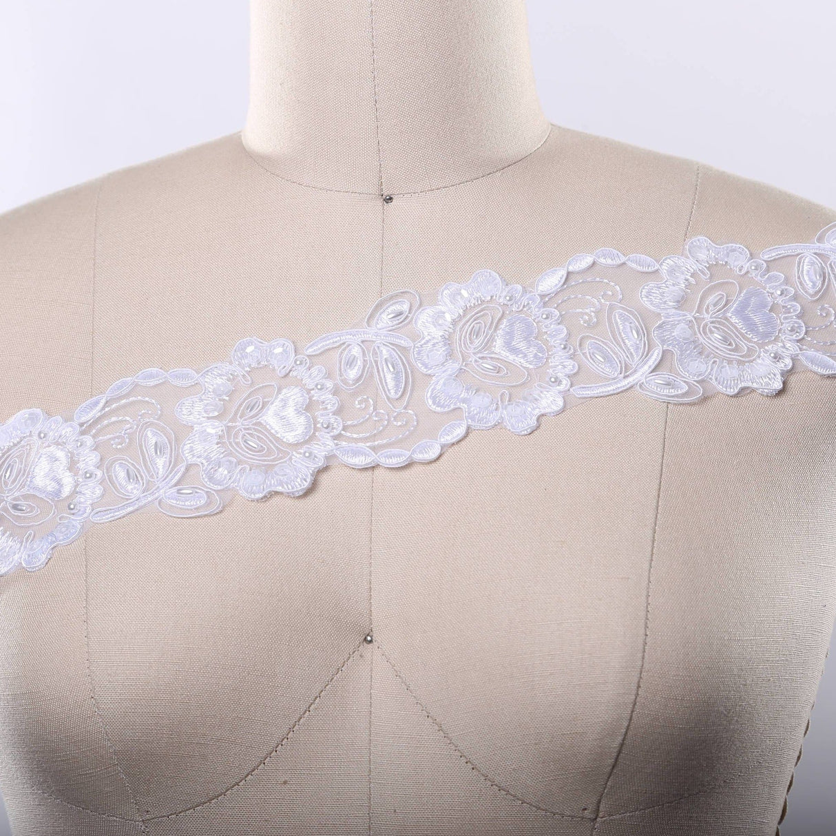 Beaded Bridal Lace Trim White Floral Chiffon
