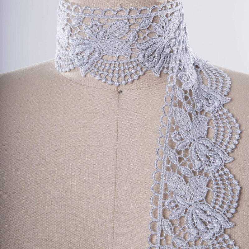 Venice Lace Trim Metallic Silver Rose Motif