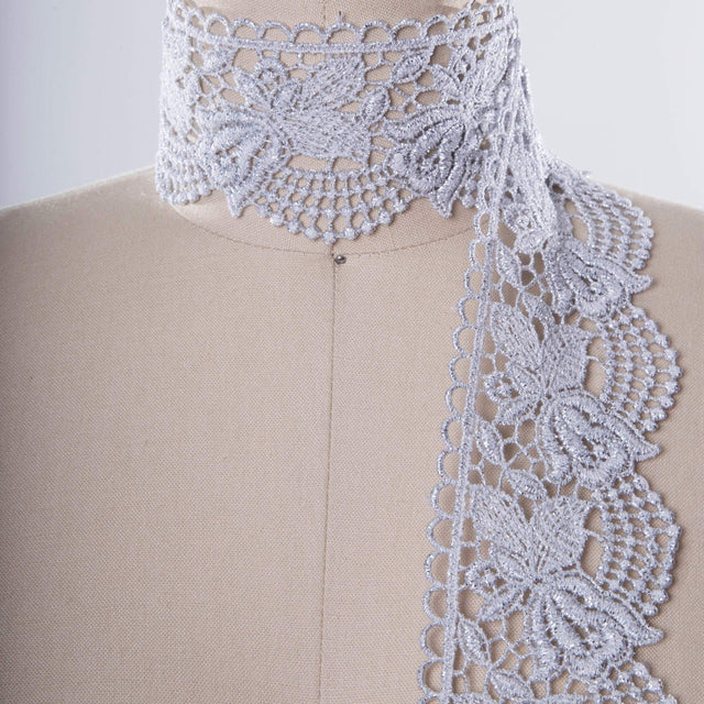 Venice Lace Trim Metallic Silver Rose Motif