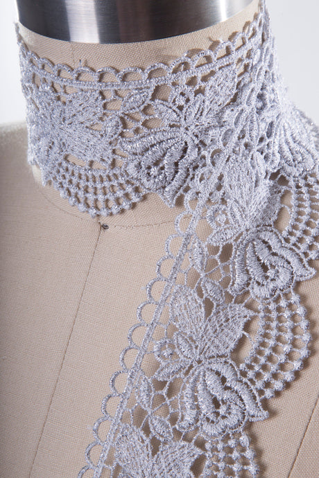 Venice Lace Trim Metallic Silver Rose Motif