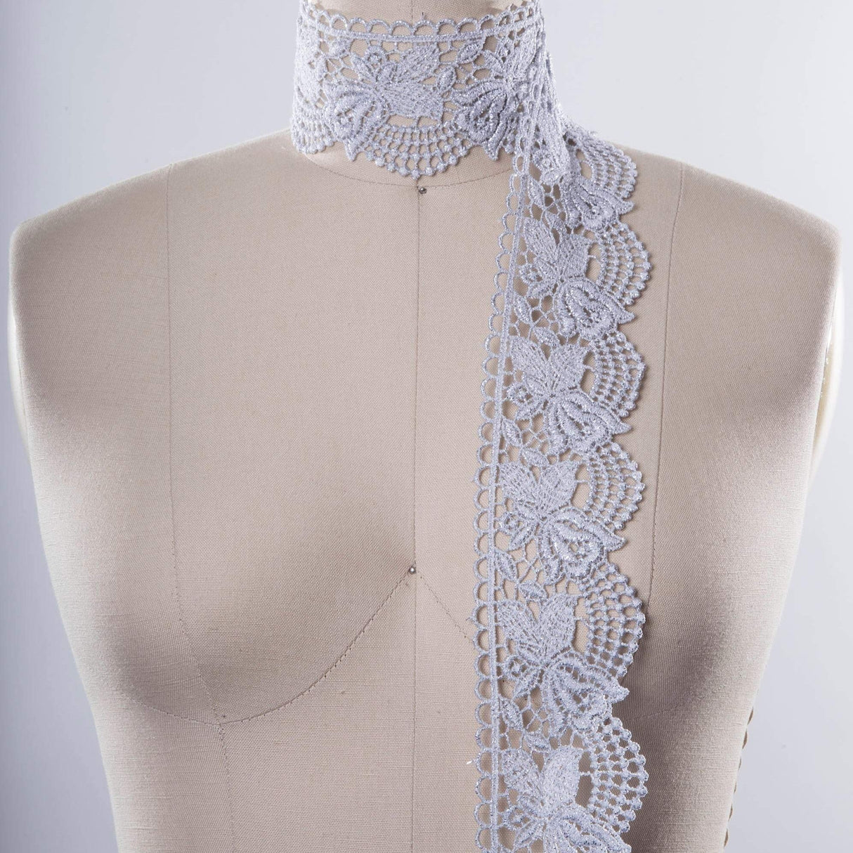 Venice Lace Trim Metallic Silver Rose Motif