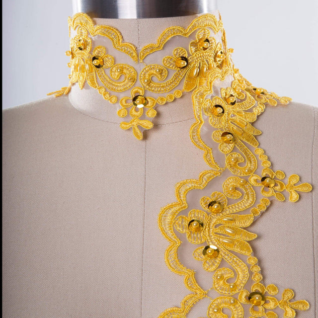 Beaded Lace Trim Yellow Sequins 2.5in