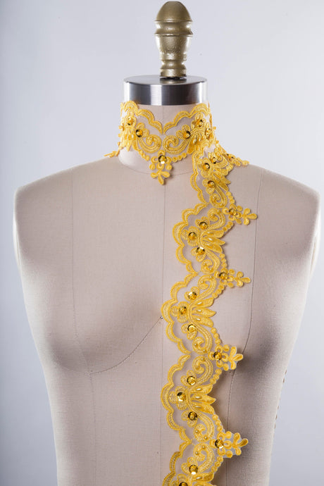 Beaded Lace Trim Yellow Sequins 2.5in