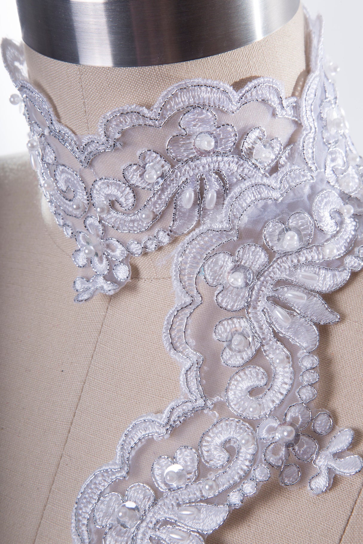 Bridal Lace Trim Silver Pearl Sequin