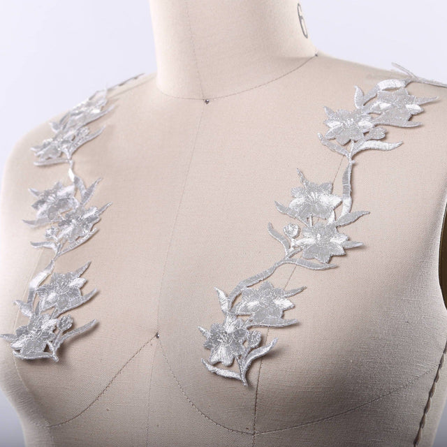 Embroidered Silver Flower Patch Applique