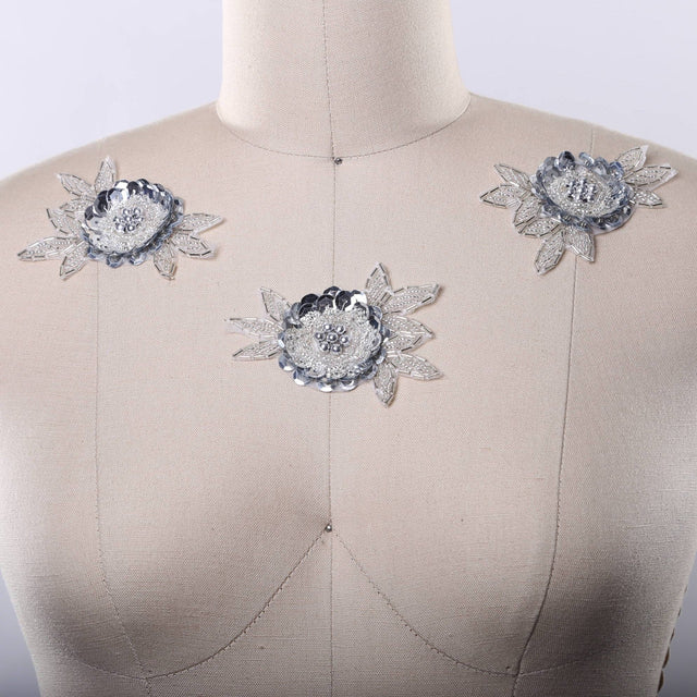 Silver Sequined Rose Iron-On Applique