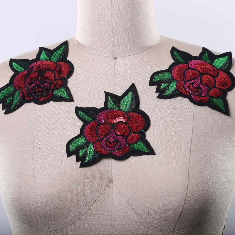 Sequined Rose Patch Red Green Iron-On