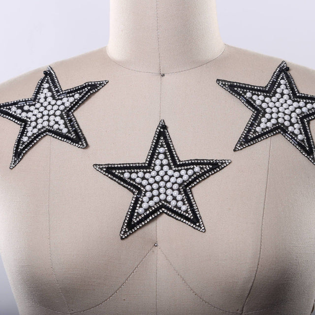 Star Patch Black White Pearl Rhinestone 5in