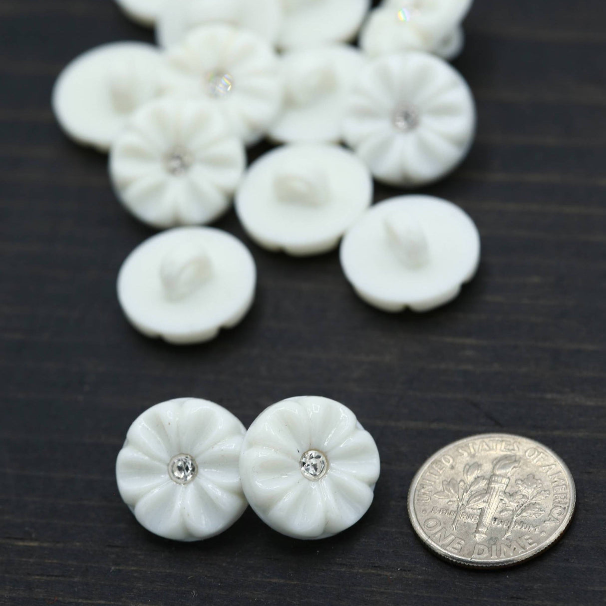 Rhinestone Button White Flower Shank 15mm
