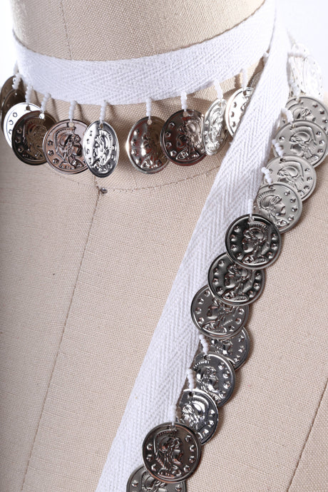Coin Fringe Trim Silver White Cotton