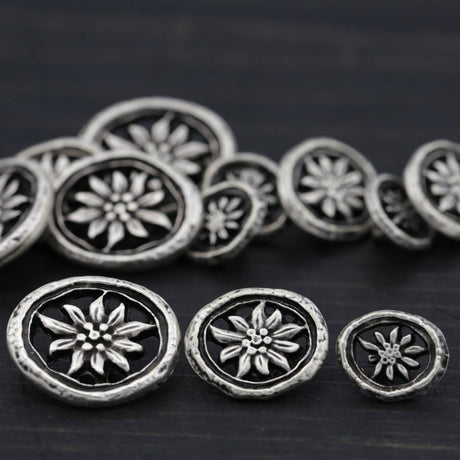 Oval Silver Metal Button Rustic Flower