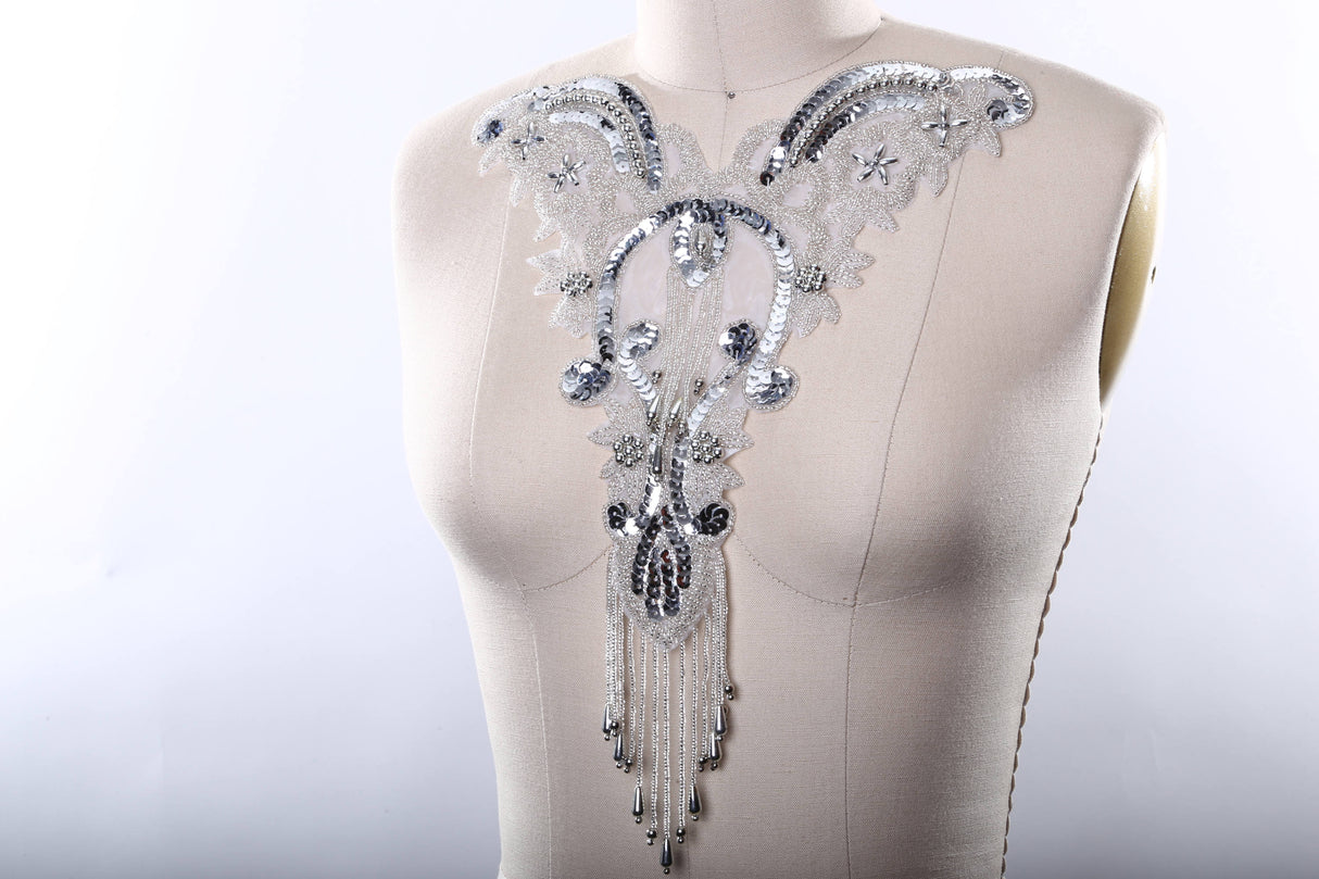 Beaded Sequined Applique Silver Iron-On