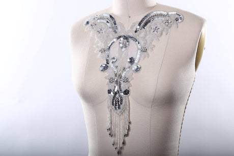 Beaded Sequined Applique Silver Iron-On