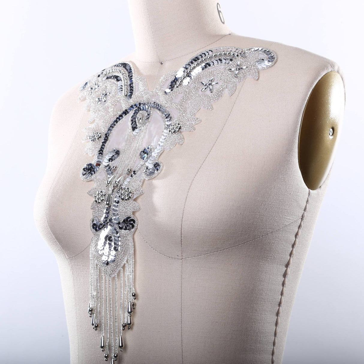 Beaded Sequined Applique Silver Iron-On