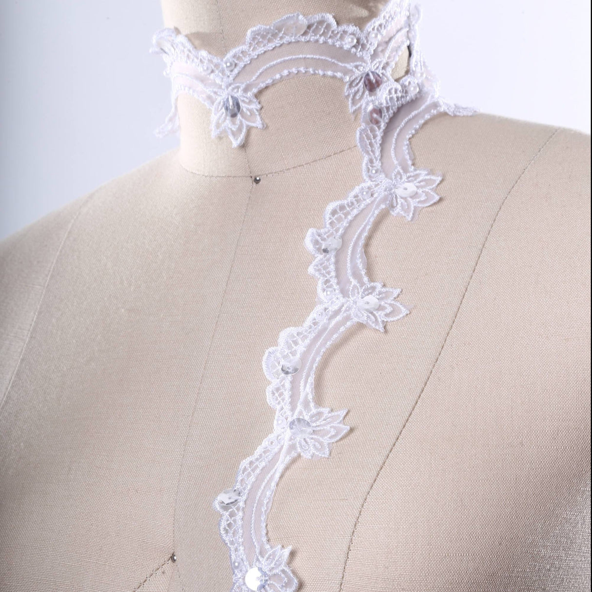 Sequined Polyester Lace Trim White Ivory 1 Inch