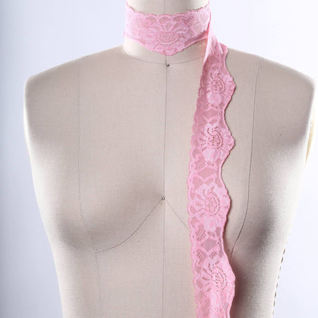 Stretch Lace Trim Carnation Pink Floral Scallops
