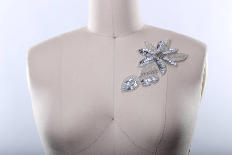 Flower Applique Silver Sequins Beads