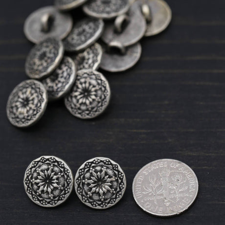 Metal Button Antique Silver Vortex Flowers