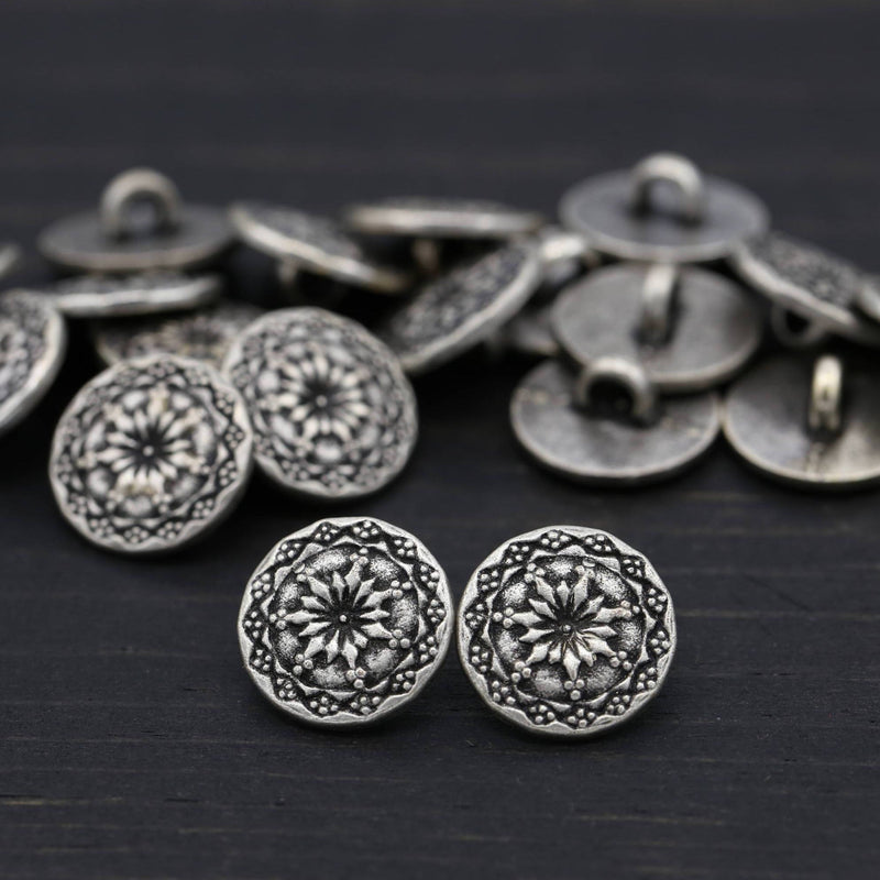 Metal Button Antique Silver Vortex Flowers