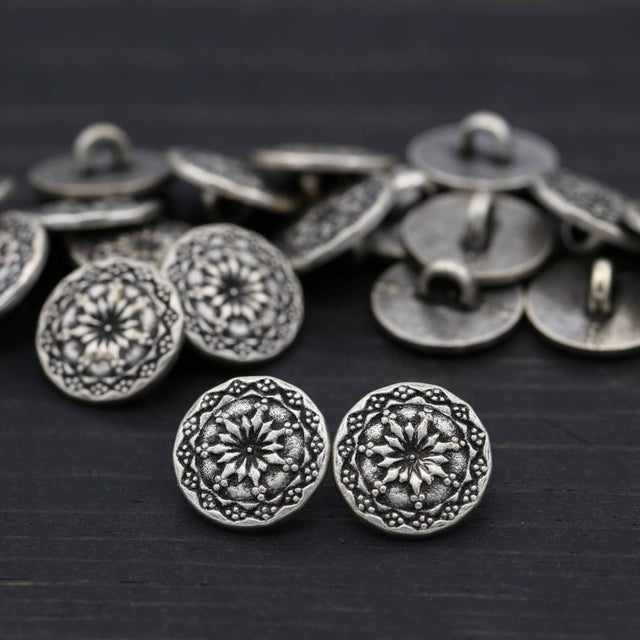 Metal Button Antique Silver Vortex Flowers