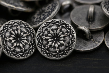 Metal Button Antique Silver Vortex Flowers