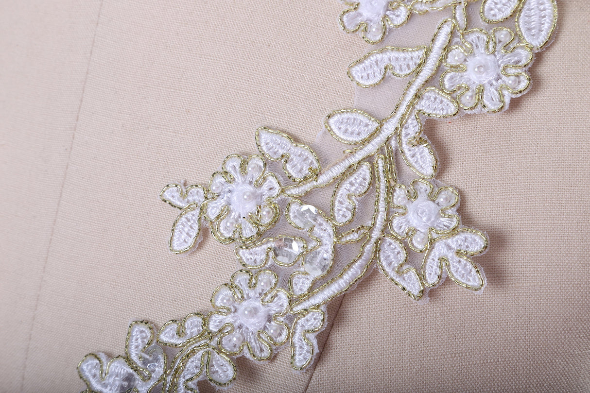 Beaded Lace Applique Pair Gold White