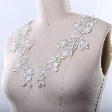 Beaded Lace Applique Pair Gold White
