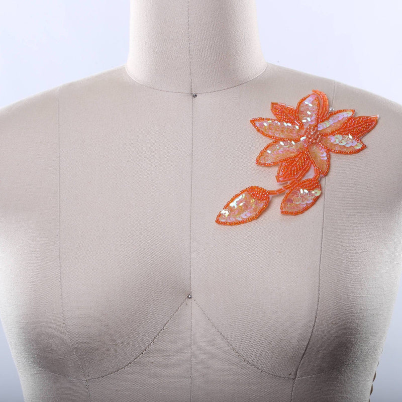 Beaded Flower Applique Tangerine Orange Iron-On