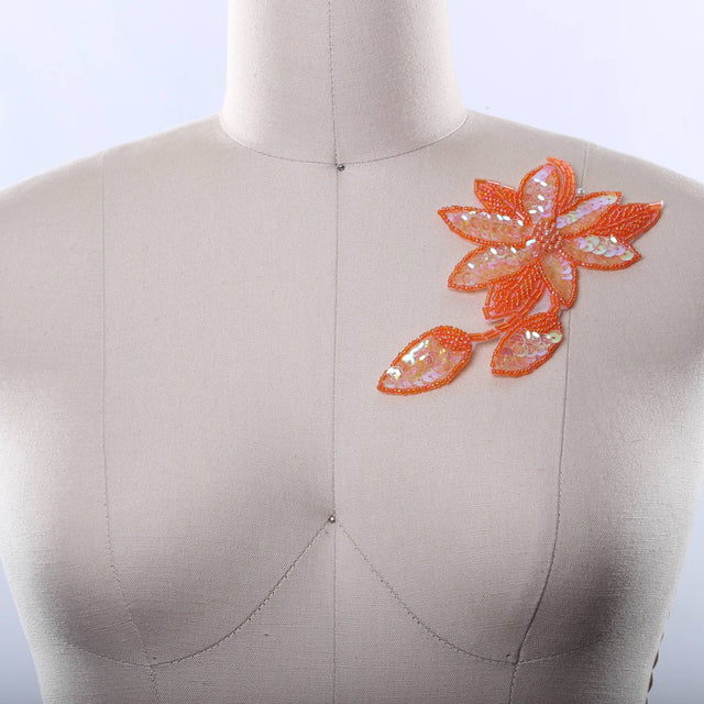 Beaded Flower Applique Tangerine Orange Iron-On