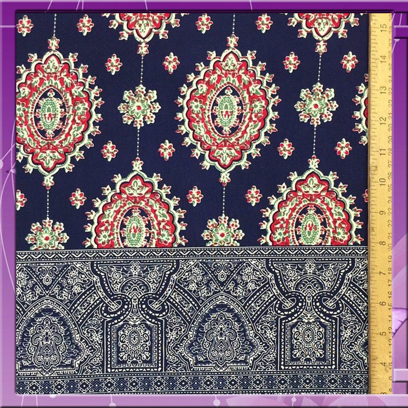 Rayon Challis Two Border Navy Blue Fuchsia Pink