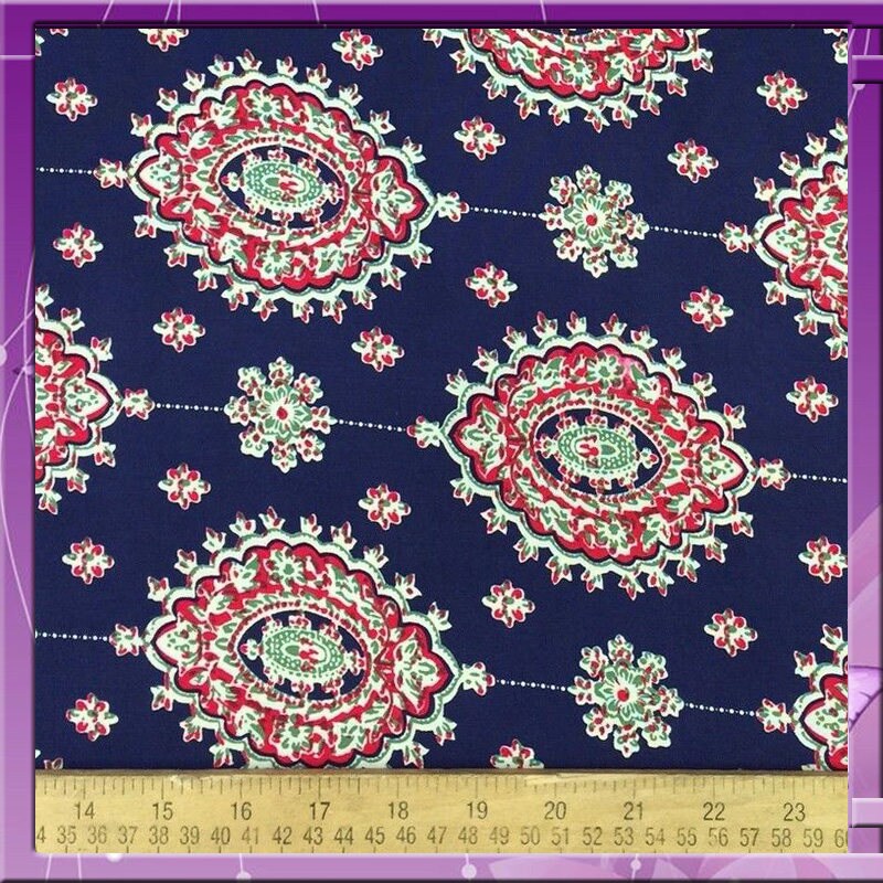 Rayon Challis Two Border Navy Blue Fuchsia Pink