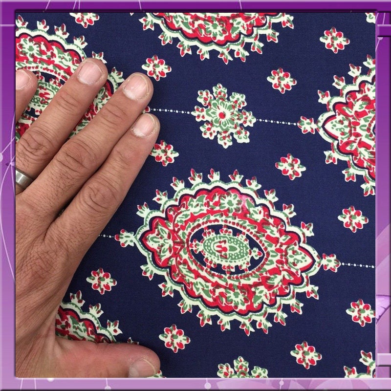 Rayon Challis Two Border Navy Blue Fuchsia Pink