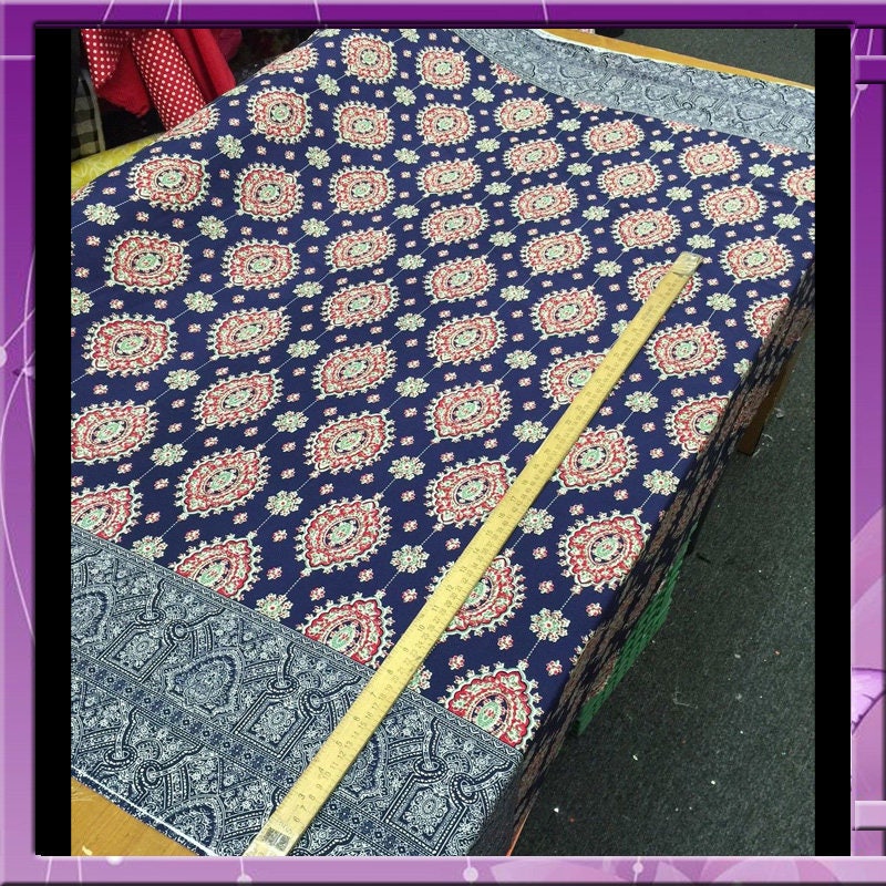 Rayon Challis Two Border Navy Blue Fuchsia Pink