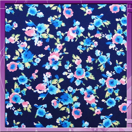 Rayon Challis Floral Print Navy Blue Pink