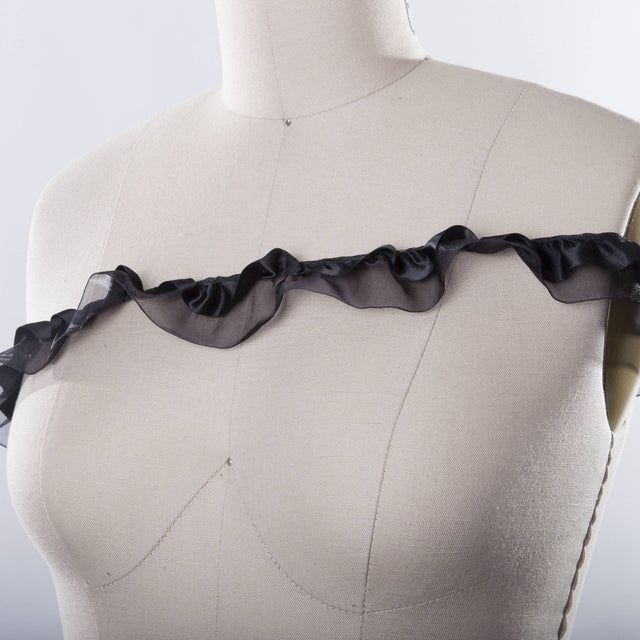 Ruffle Trim Black Satin Chiffon 1.5in