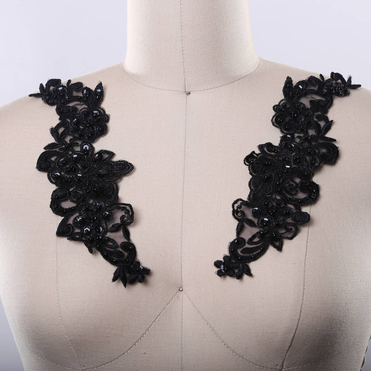 Beaded Floral Collar Applique Black 9in Pair