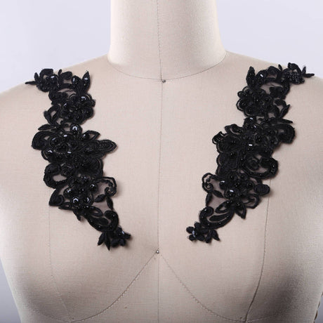 Beaded Floral Collar Applique Black 9in Pair