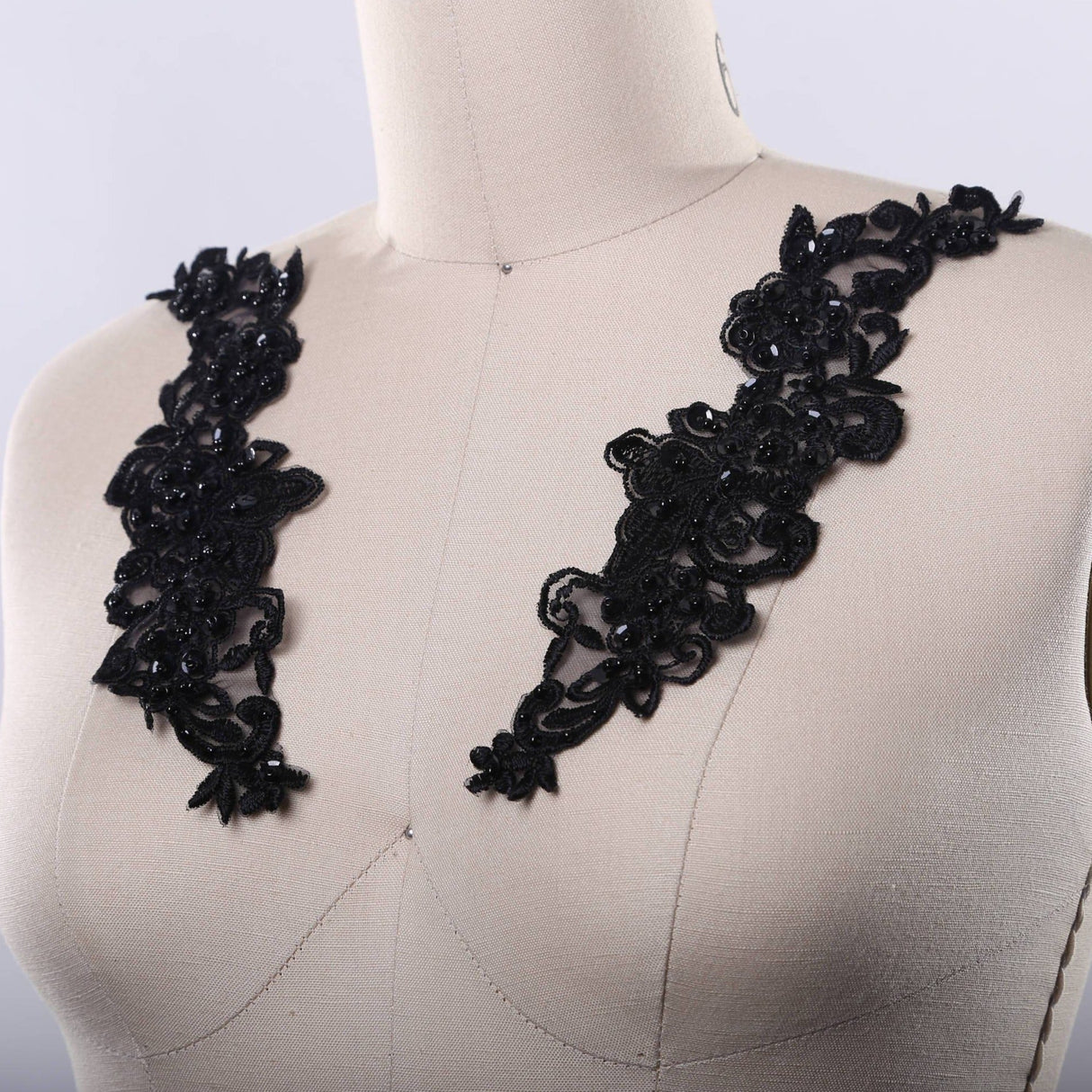 Beaded Floral Collar Applique Black 9in Pair