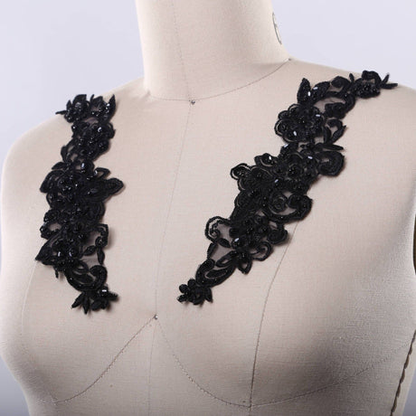 Beaded Floral Collar Applique Black 9in Pair
