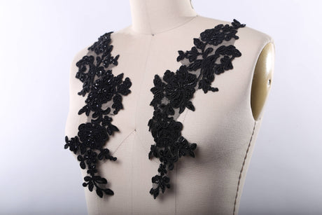 Beaded Lace Applique Black Mirrored