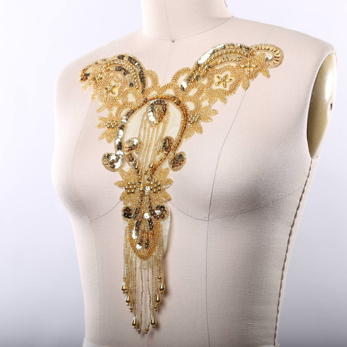 Beaded Sequined Neck Applique Gold