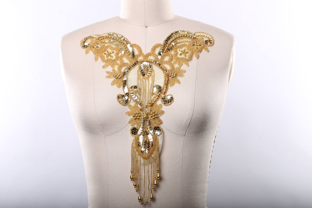 Beaded Sequined Neck Applique Gold