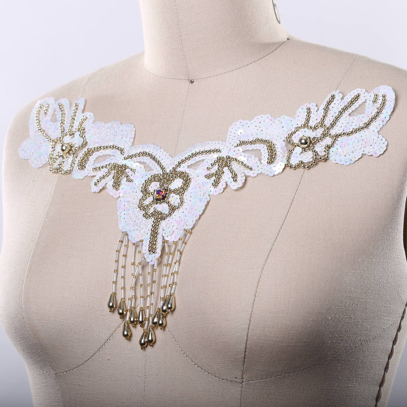 Sequin V-Shaped Applique with Beaded Fringe