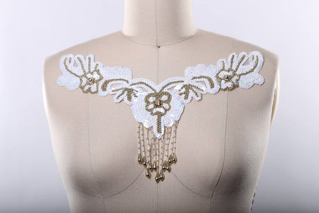 Sequin V-Shaped Applique with Beaded Fringe