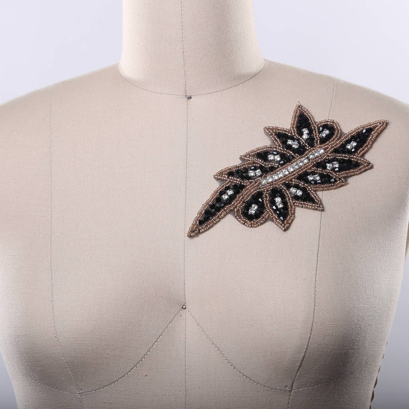 Rhinestone Leaf Applique Black Champagne