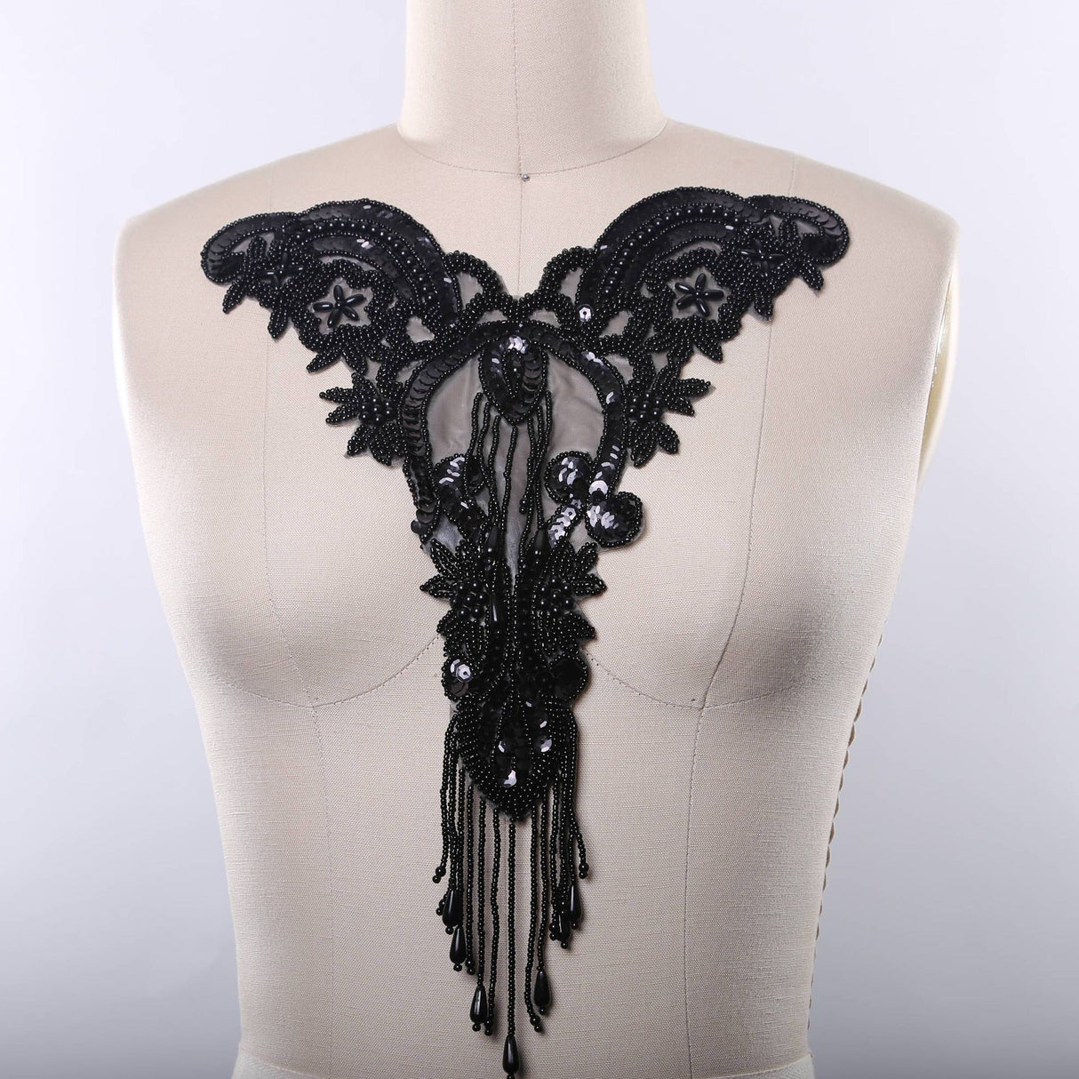 Beaded Applique Black Sweetheart Fringe